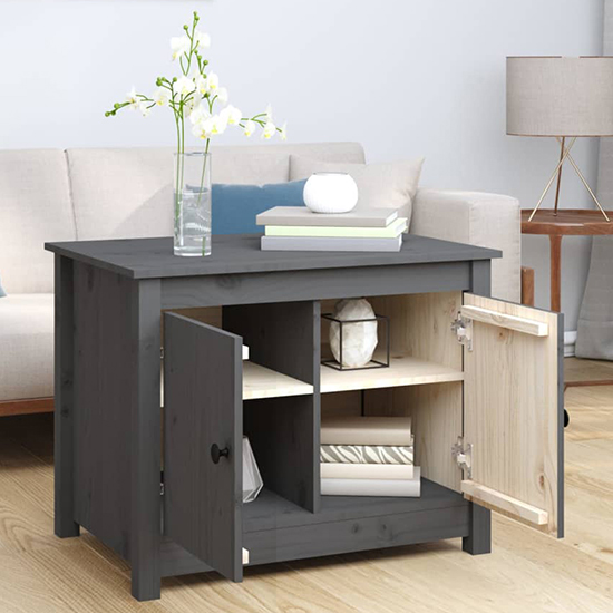 Janie Pine Wood Coffee Table With 2 Doors In Grey