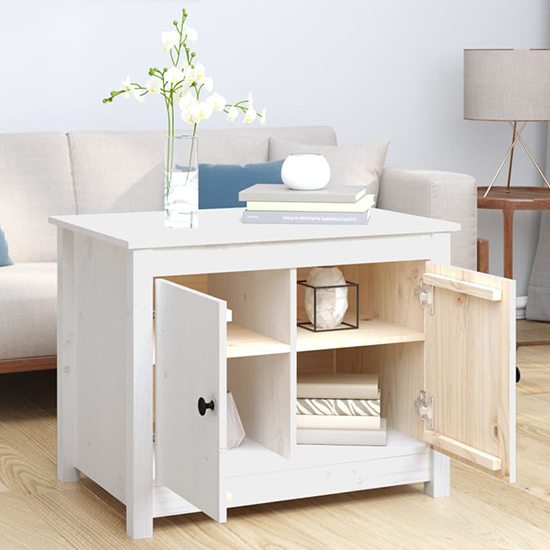 Janie Pine Wood Coffee Table With 2 Doors In White