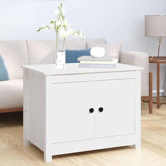 Read more about Janie pine wood coffee table with 2 doors in white