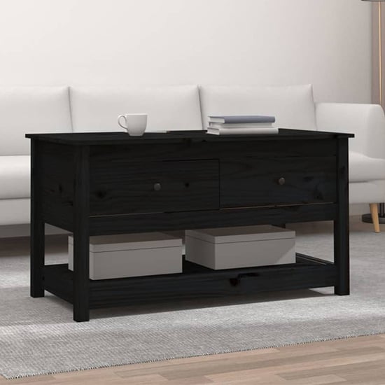 Photo of Janie pine wood coffee table with 2 drawers in black