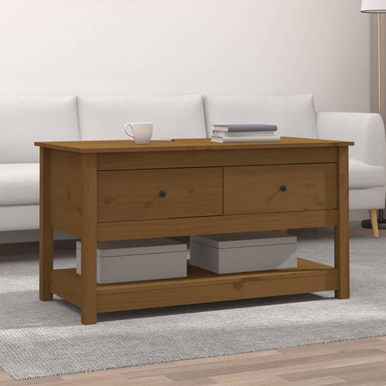 Read more about Janie pine wood coffee table with 2 drawers in honey brown