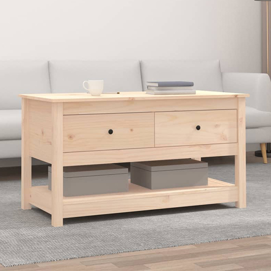 janie pine wood coffee table with 2 drawers in natural