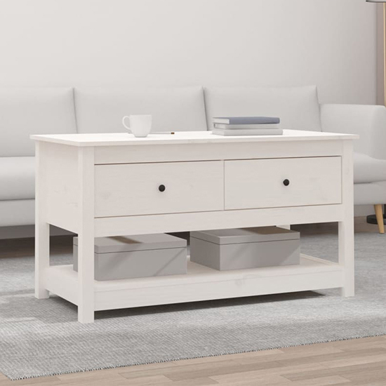 Photo of Janie pine wood coffee table with 2 drawers in white