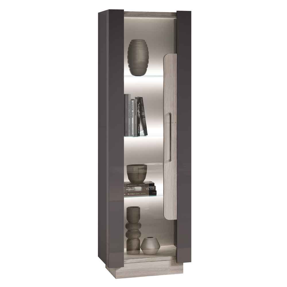 Avora High Gloss Display Cabinet with 1 Door in Dark Grey Pine and LED