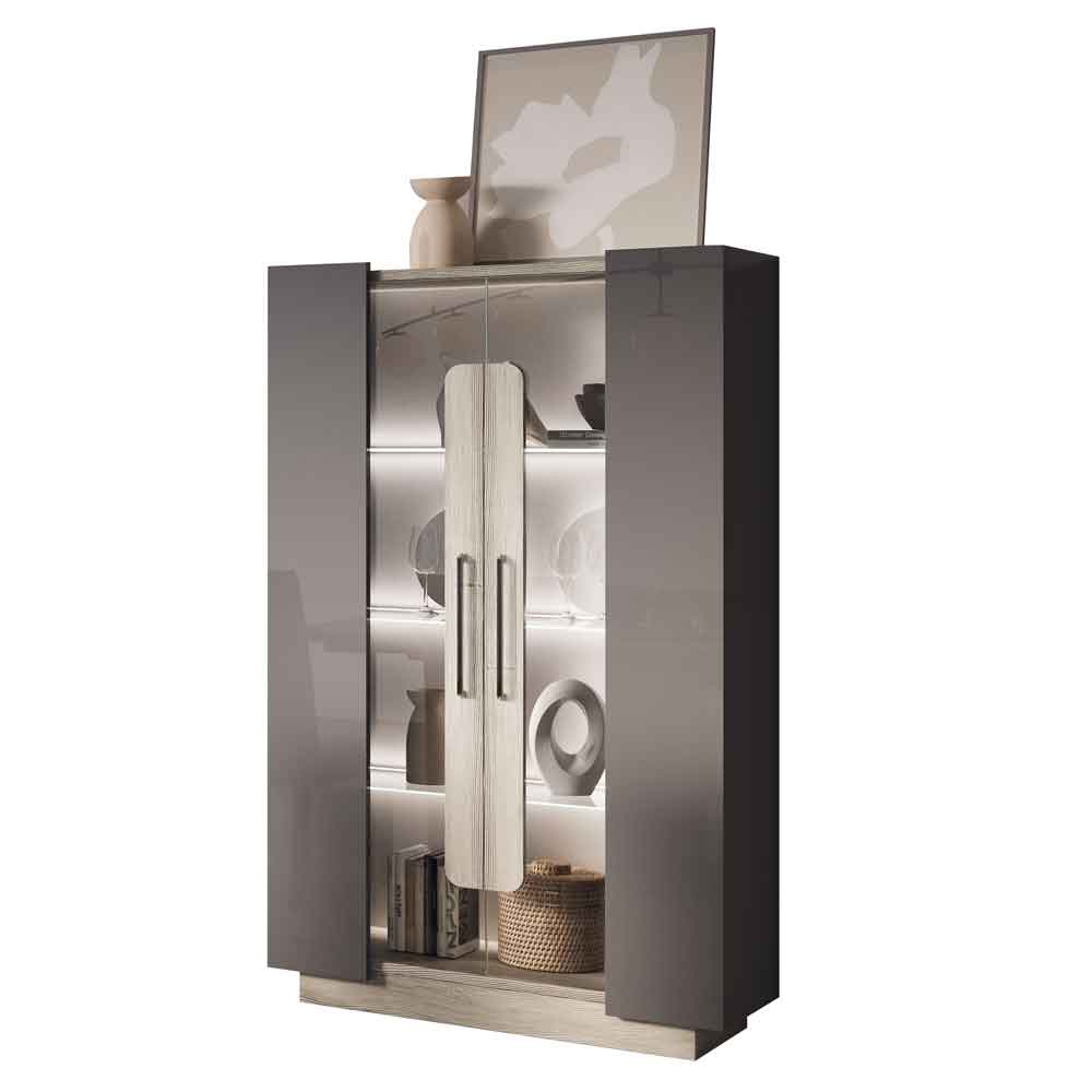 Avora High Gloss Display Cabinet with 2 Doors in Dark Grey Pine and LED