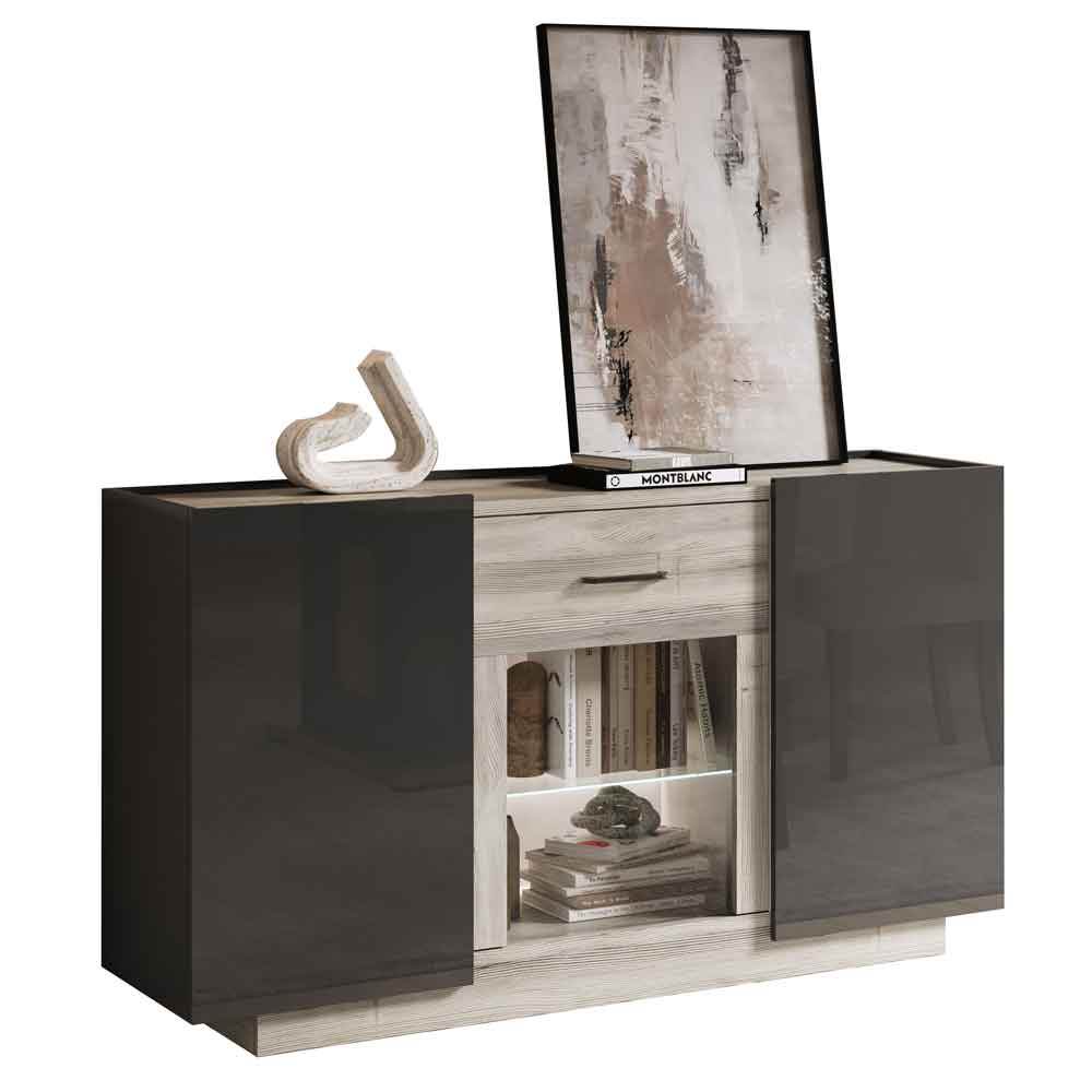 Avora High Gloss Sideboard with 3 Doors in Dark Grey Pine and LED