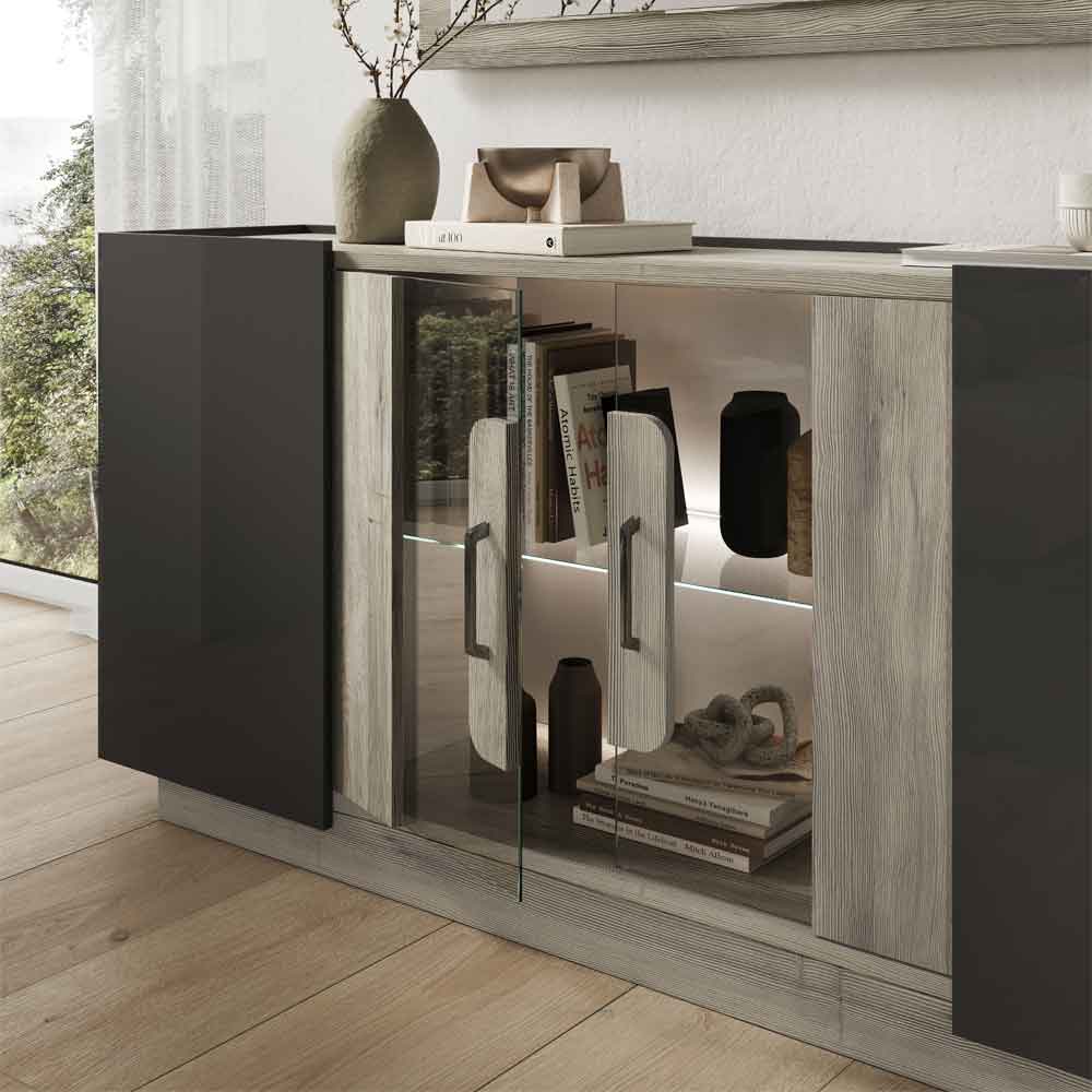 Avora High Gloss Sideboard with 4 Doors in Dark Grey Pine and LED