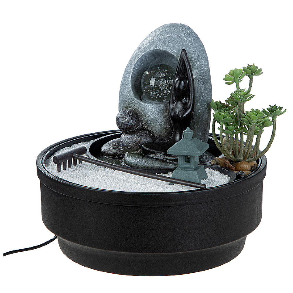 Jarlon Synthetic Resin Cylindrical Table Fountain Buddha Samadhi Sculpture in Black and Grey