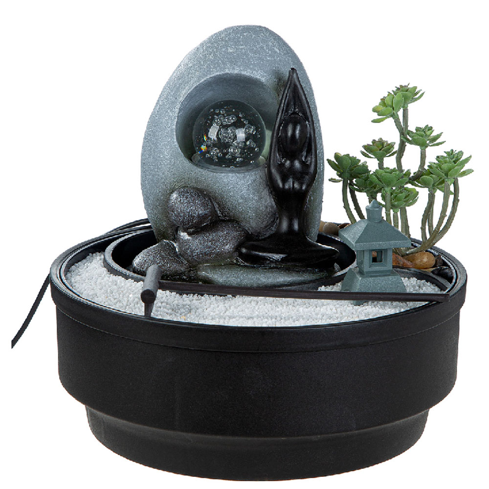 Jarlon Synthetic Resin Cylindrical Table Fountain Buddha Samadhi Sculpture in Black and Grey