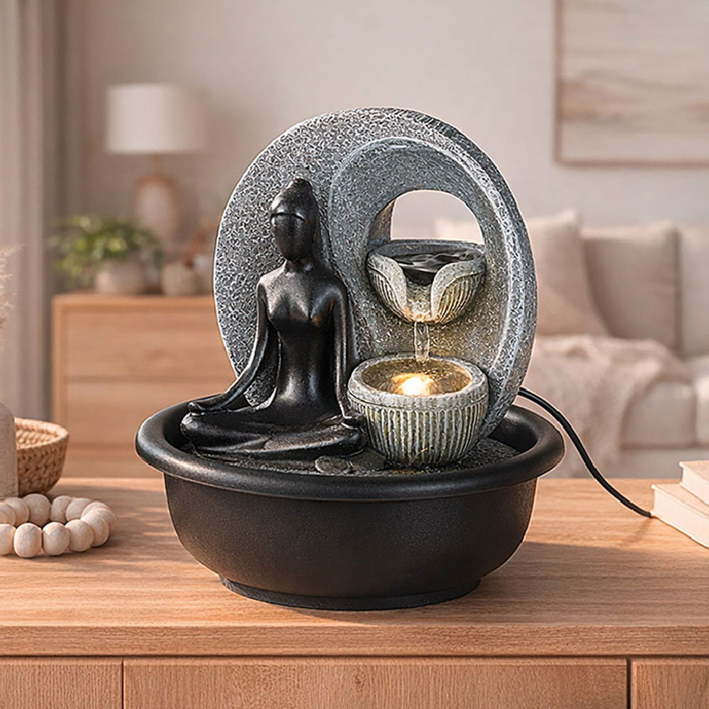 Jarlon Synthetic Resin Table Fountain Buddha Samadhi Sculpture in Black and Grey