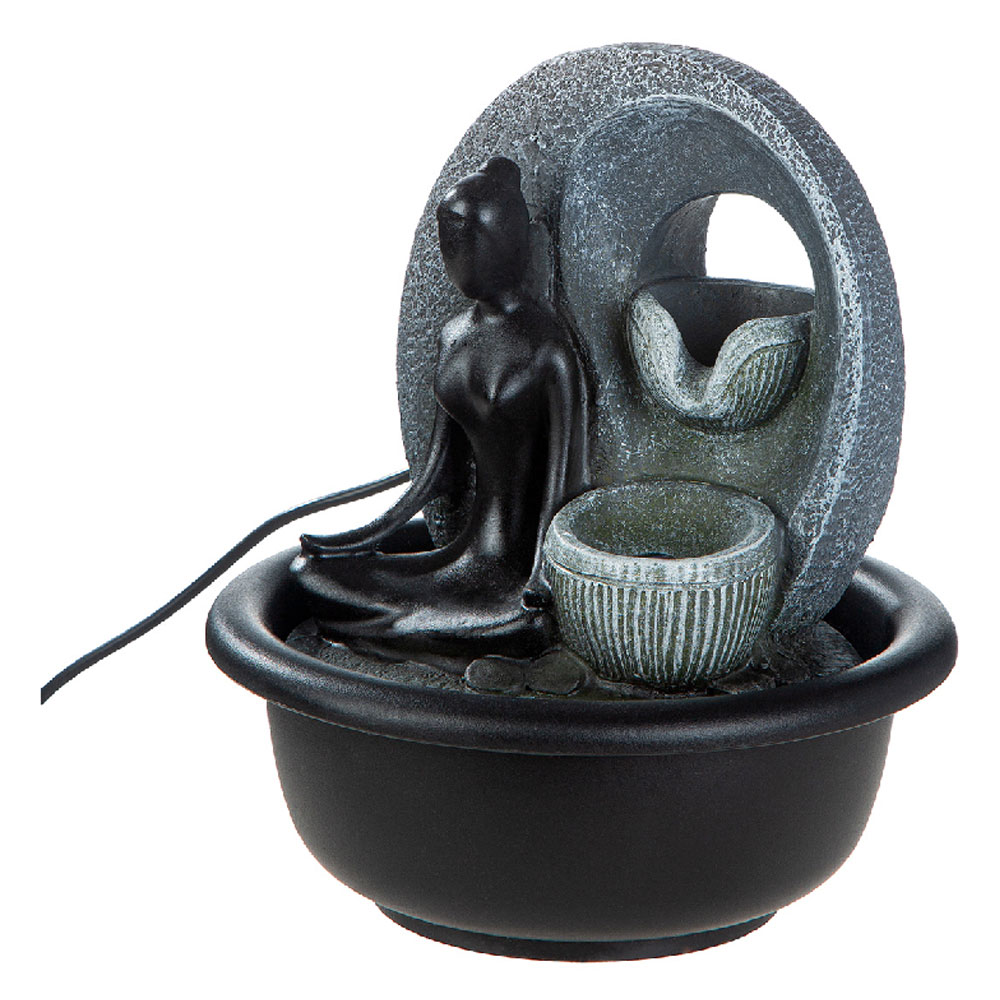 Jarlon Synthetic Resin Table Fountain Buddha Samadhi Sculpture in Black and Grey