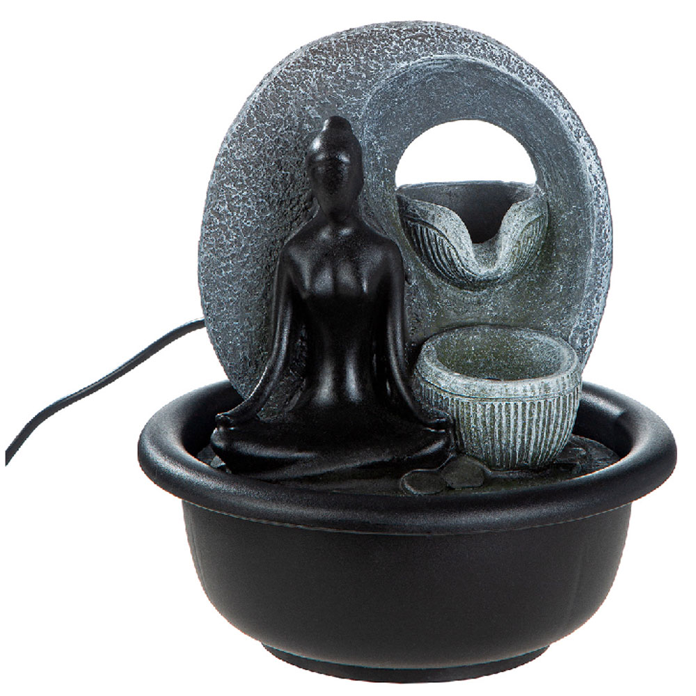 Jarlon Synthetic Resin Table Fountain Buddha Samadhi Sculpture in Black and Grey
