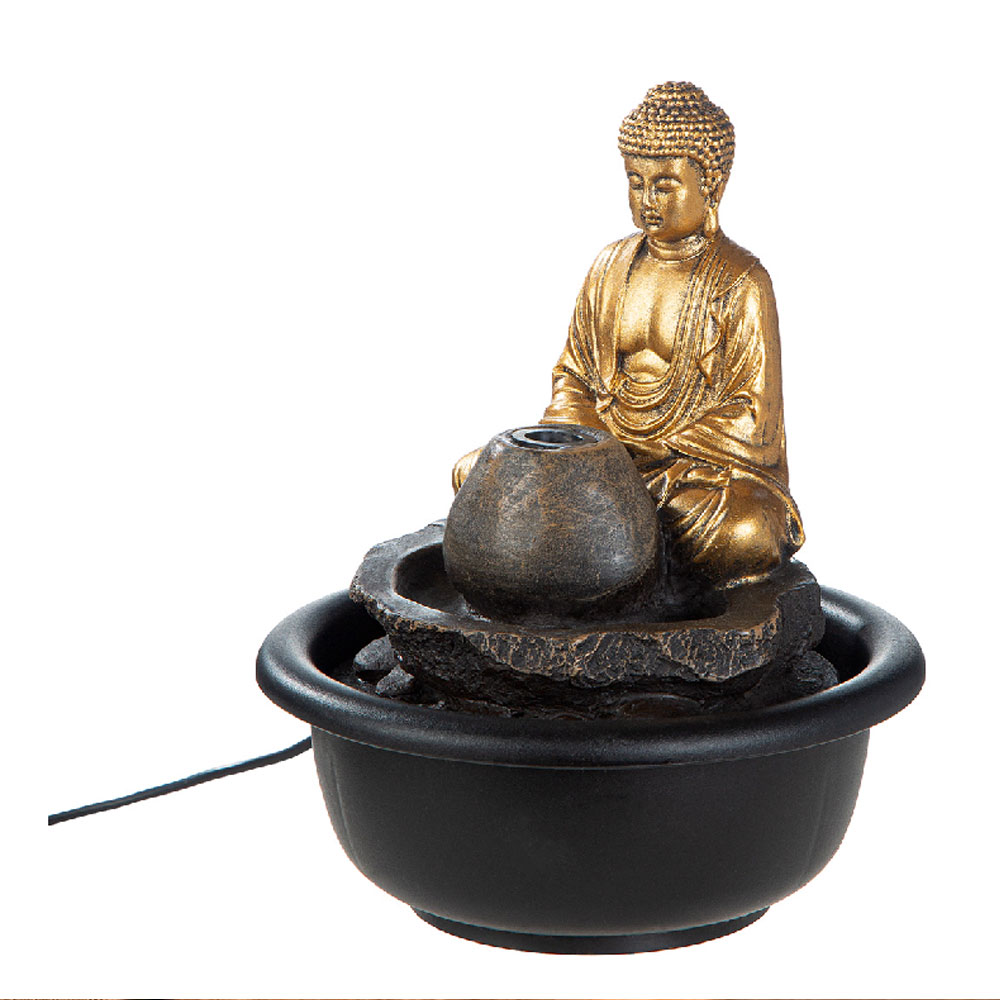 Jarlon Synthetic Resin Table Fountain Buddha Samadhi Sculpture in Gold and Brown