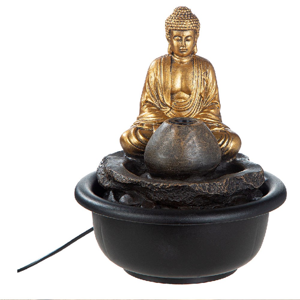 Jarlon Synthetic Resin Table Fountain Buddha Samadhi Sculpture in Gold and Brown