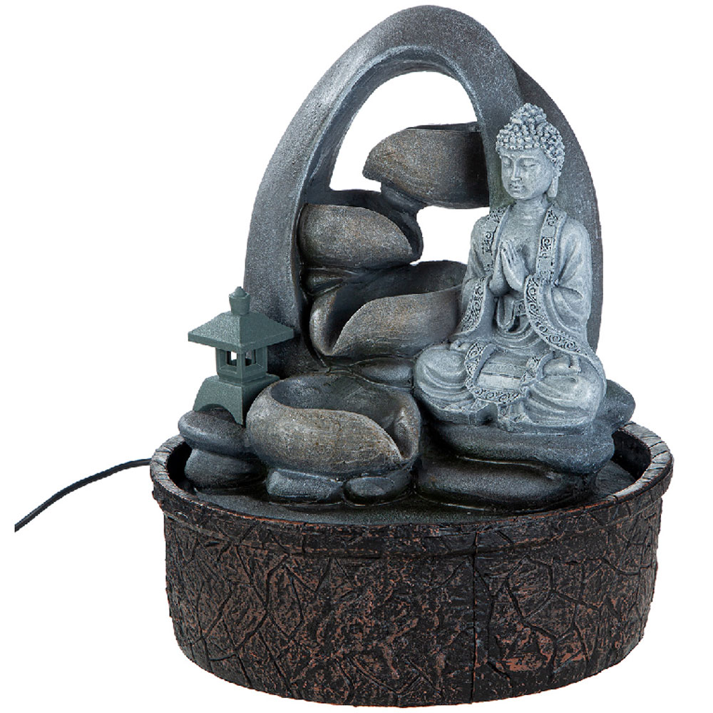 Jarlon Synthetic Resin Table Fountain Buddha Samadhi Sculpture in Grey and Antique