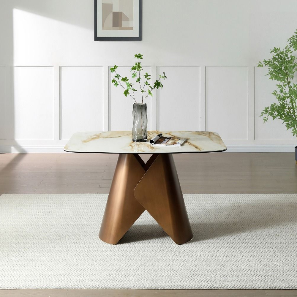 Jarsen Small White Pandora Classico Ceramic Top Dining Table with Brass Base