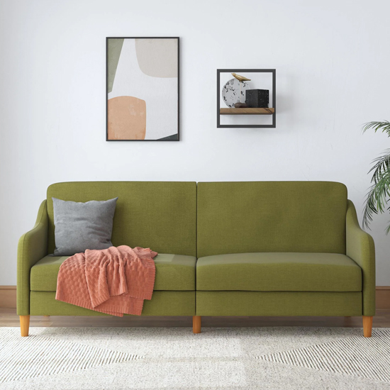 Jamaica Linen Fabric Sofa Bed With Wooden Legs In Green