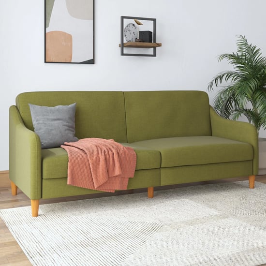 Photo of Jaspar linen fabric sofa bed with wooden legs in green