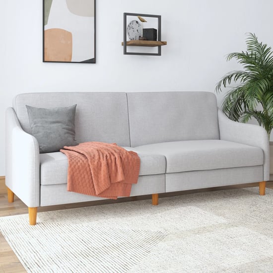 Read more about Jamaica linen fabric sofa bed with wooden legs in light grey