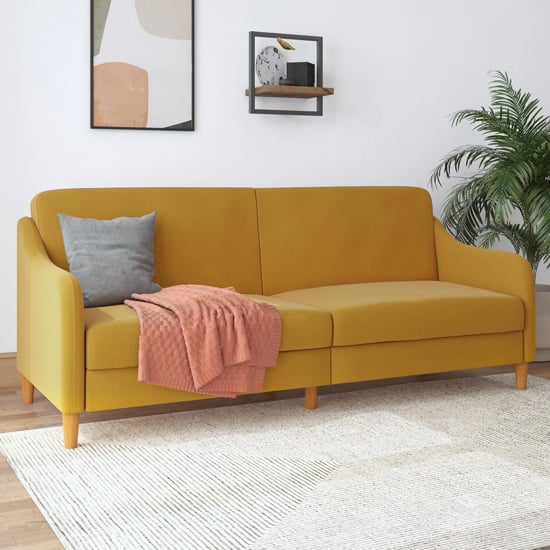 Read more about Jamaica linen fabric sofa bed with wooden legs in mustard