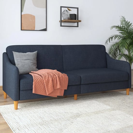 Product photograph of Jaspar Linen Fabric Sofa Bed With Wooden Legs In Navy from Furniture in Fashion