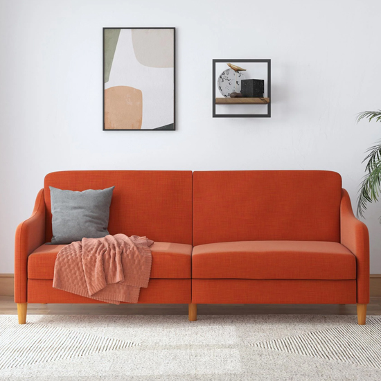 Jamaica Linen Fabric Sofa Bed With Wooden Legs In Orange