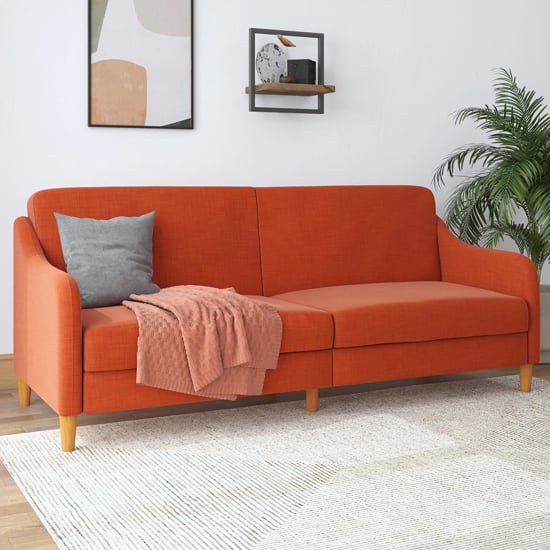 Product photograph of Jaspar Linen Fabric Sofa Bed With Wooden Legs In Orange from Furniture in Fashion