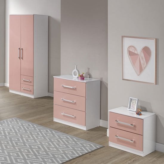 Ingrid 3Pc Bedroom Furniture Set In White And Pink High Gloss_1