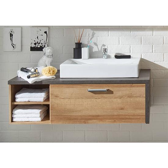 Read more about Java bathroom wall vanity unit in dark cement grey and oak