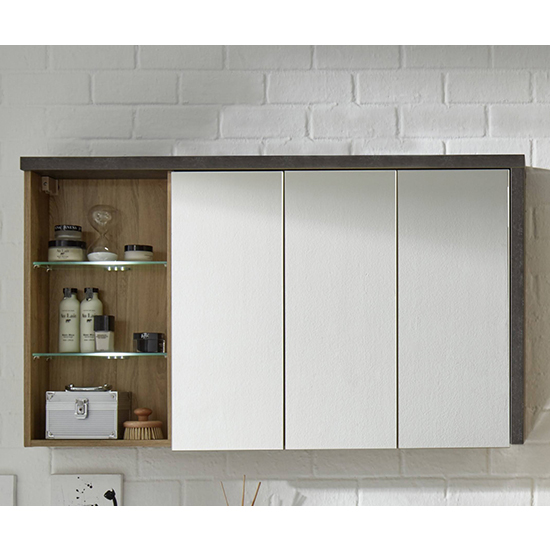 Read more about Java mirrored cabinet with shelf in oak and dark cement grey