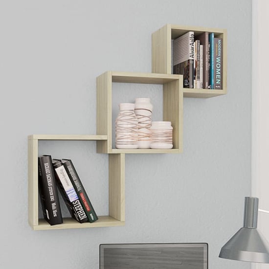 Javana Wooden Cube Wall Shelf In Sonoma Oak Furniture in Fashion