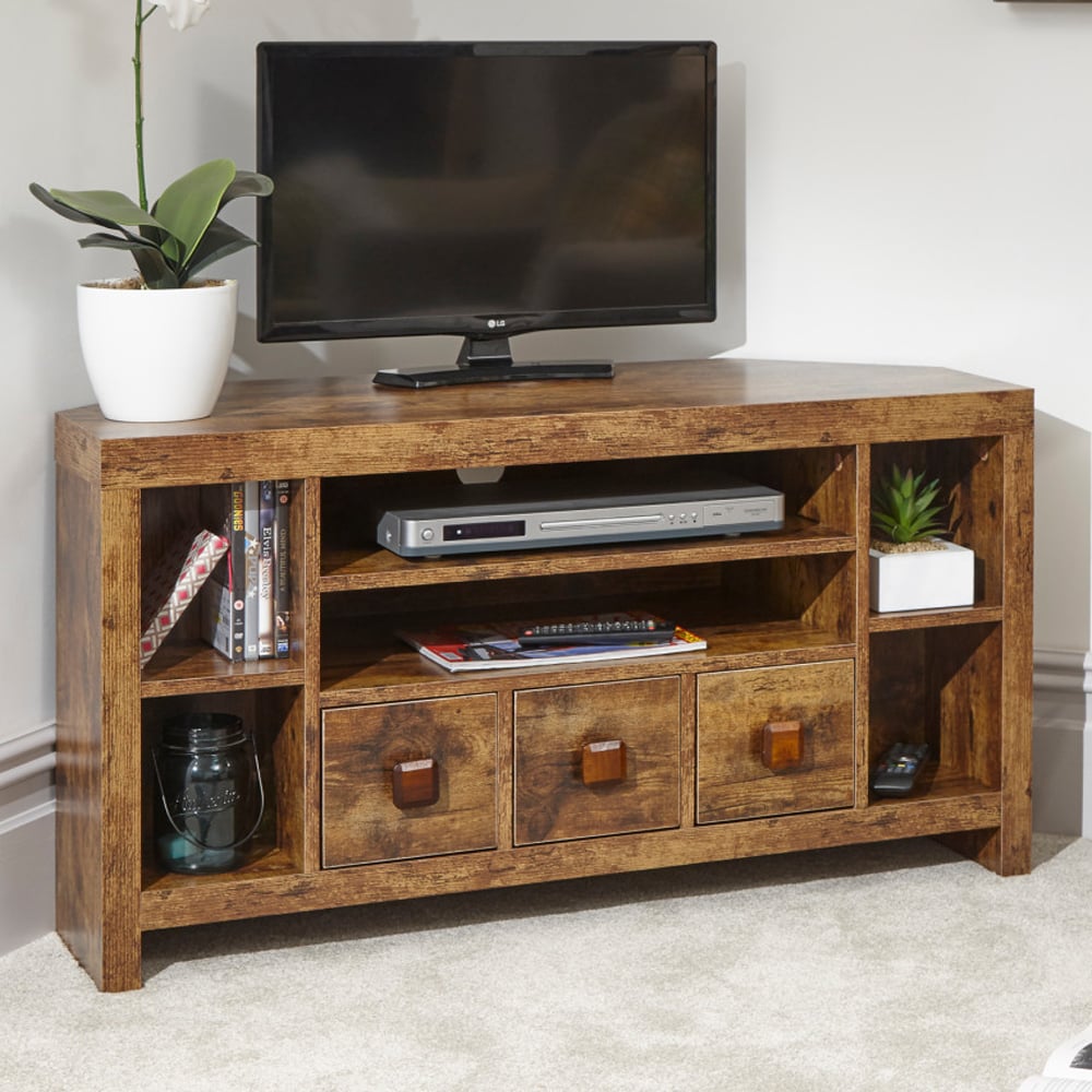 Jawcraig Wooden Corner TV Stand With 3 Drawers In Brown