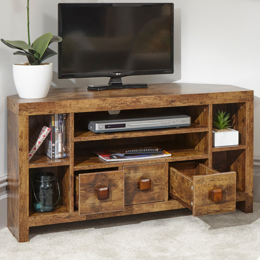 Jawcraig Wooden Corner TV Stand With 3 Drawers In Brown
