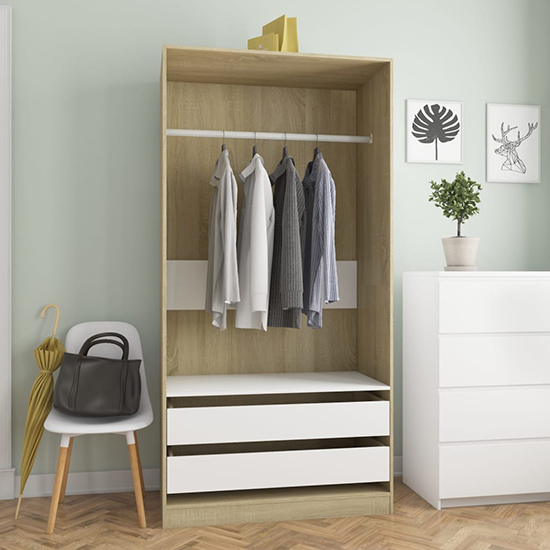 Jaxie Wooden Open Wardrobe With 2 Drawers In White Sonoma Oak