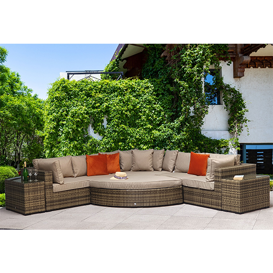 Product photograph of Jeana Corner Sofa With Poof And End Tables In Mixed Brown from Furniture in Fashion