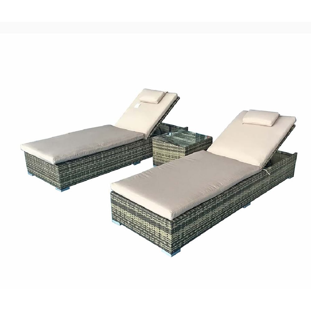 Jeana Rattan Garden Sun Loungers With Drink Table In Brown