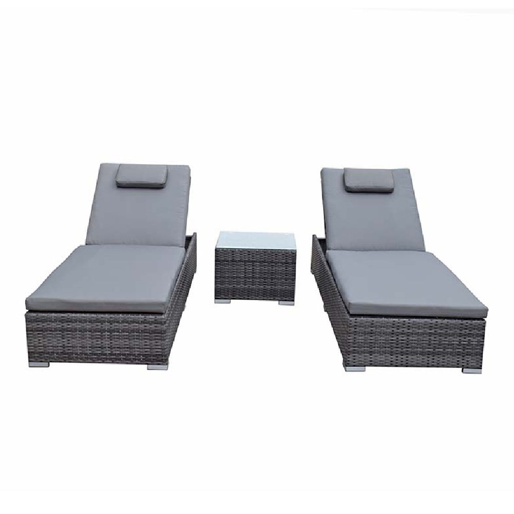 Jeana Rattan Garden Sun Loungers With Drink Table In Grey