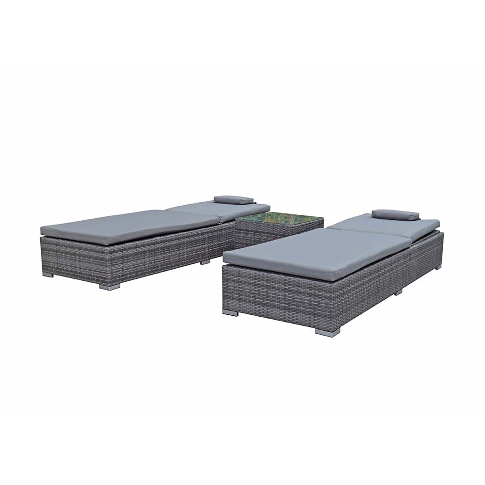 Jeana Rattan Garden Sun Loungers With Drink Table In Grey
