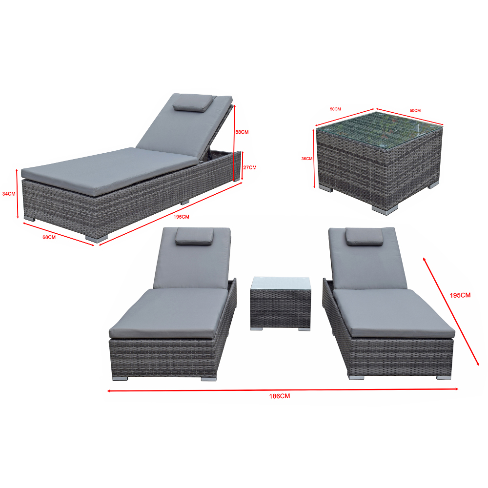 Jeana Rattan Garden Sun Loungers With Drink Table In Grey