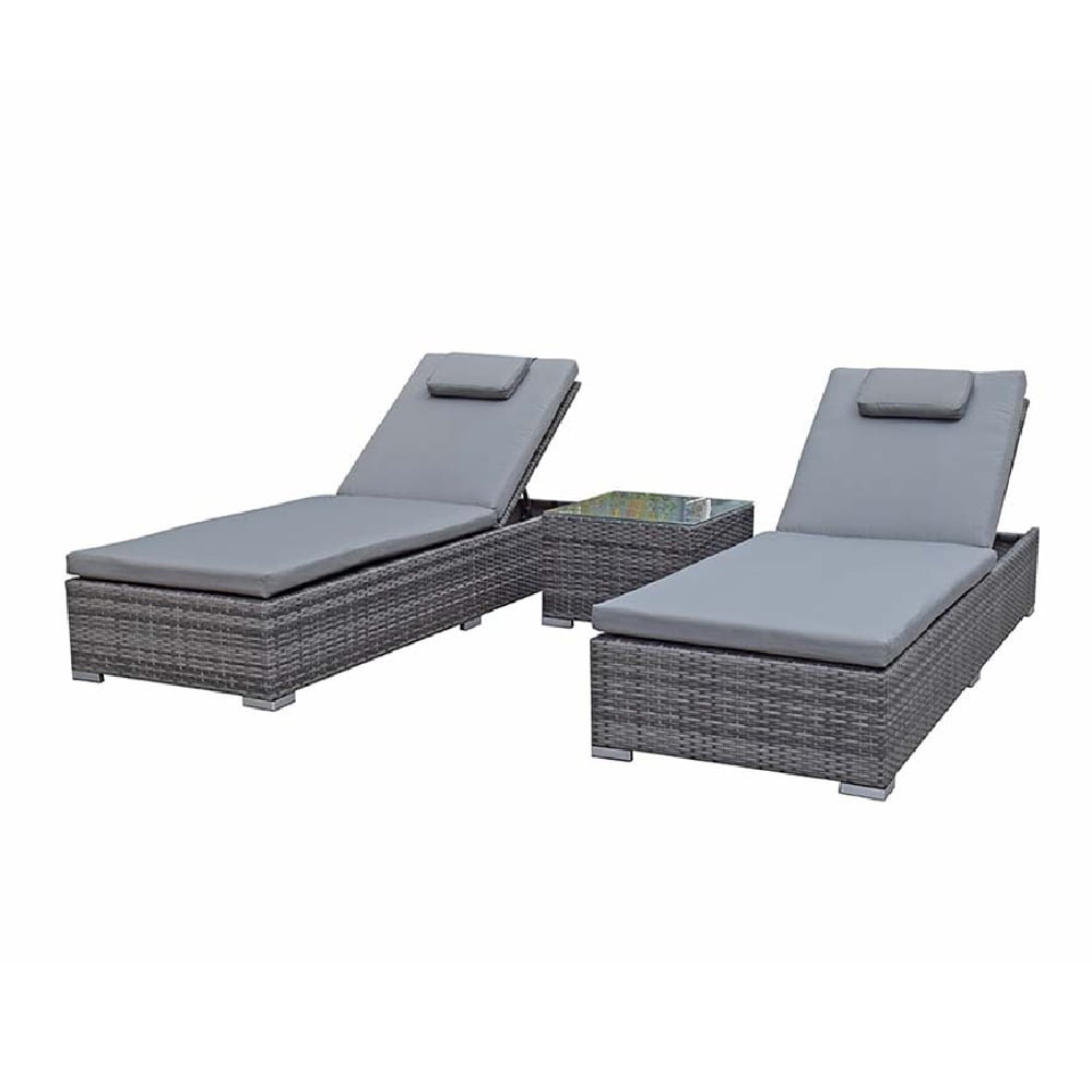 Jeana Rattan Garden Sun Loungers With Drink Table In Grey