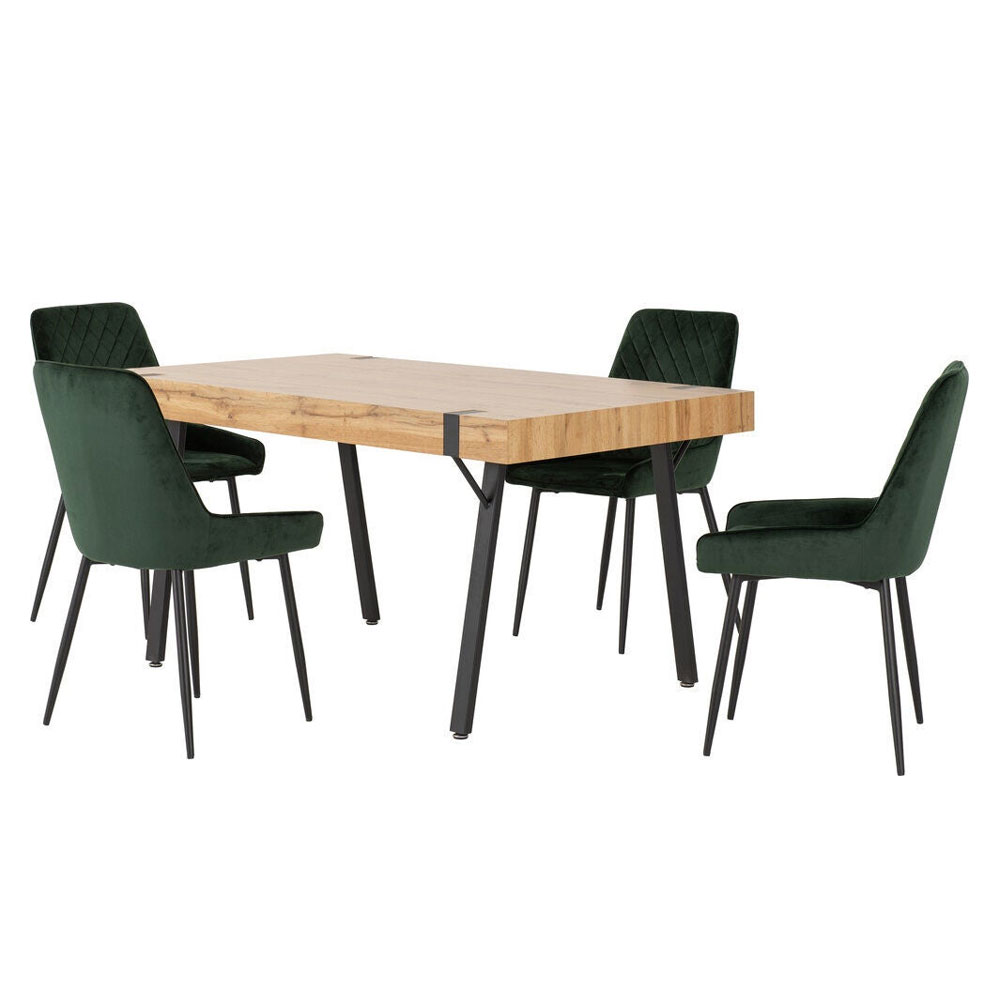 Jenlora Light Oak Wooden Dining Table with 4 Avah Emerald Green Chairs