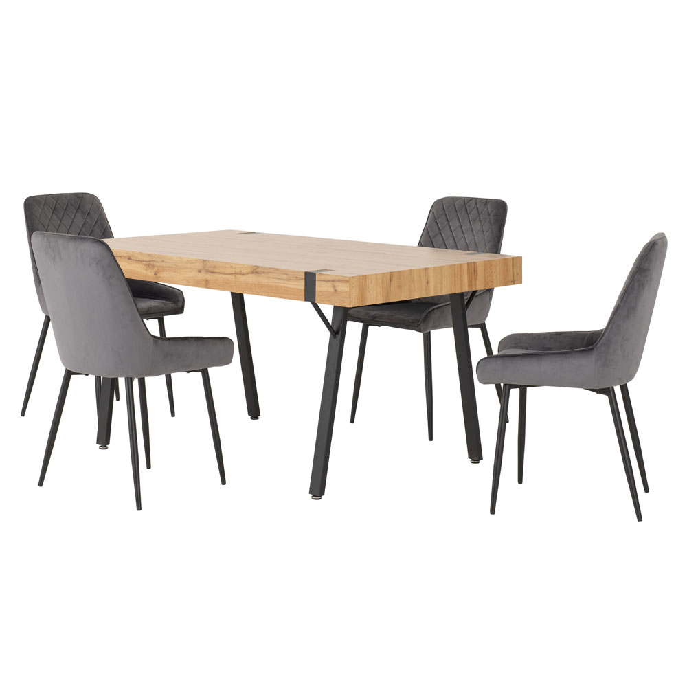 Jenlora Light Oak Wooden Dining Table with 4 Avah Grey Chairs