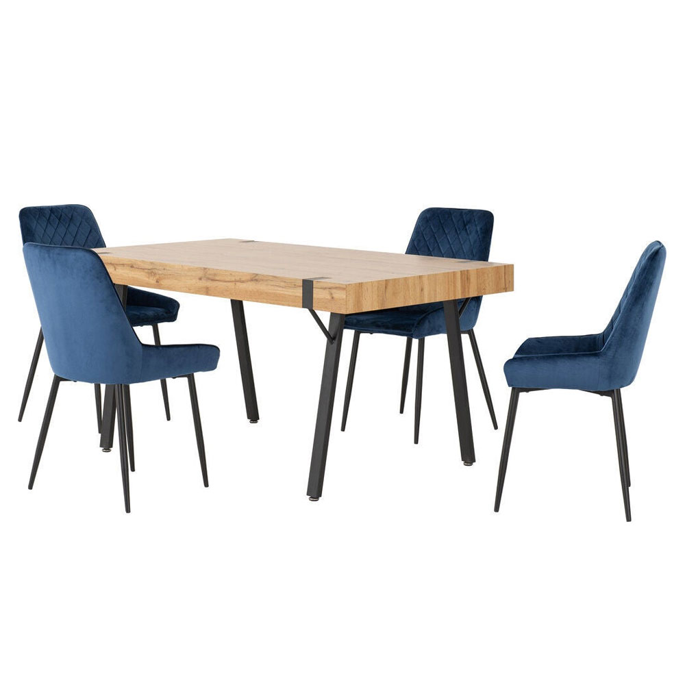 Jenlora Light Oak Wooden Dining Table with 4 Avah Sapphire Blue Chairs