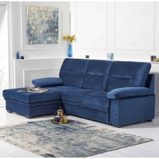 Jennot Velvet Left Hand Facing Corner Sofa Bed In Blue