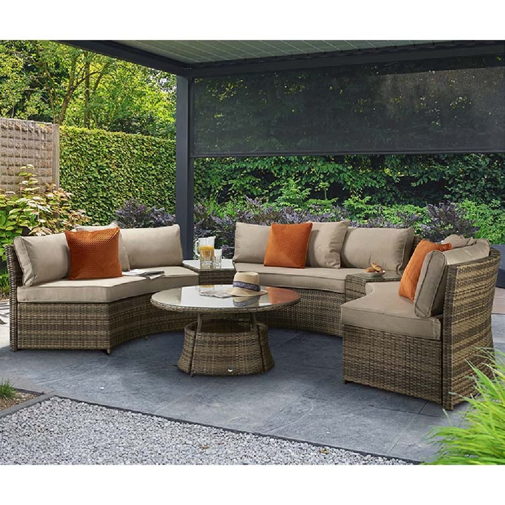 Jeren Rattan Garden Half Moon Sofa Set With Coffee Table In Brown