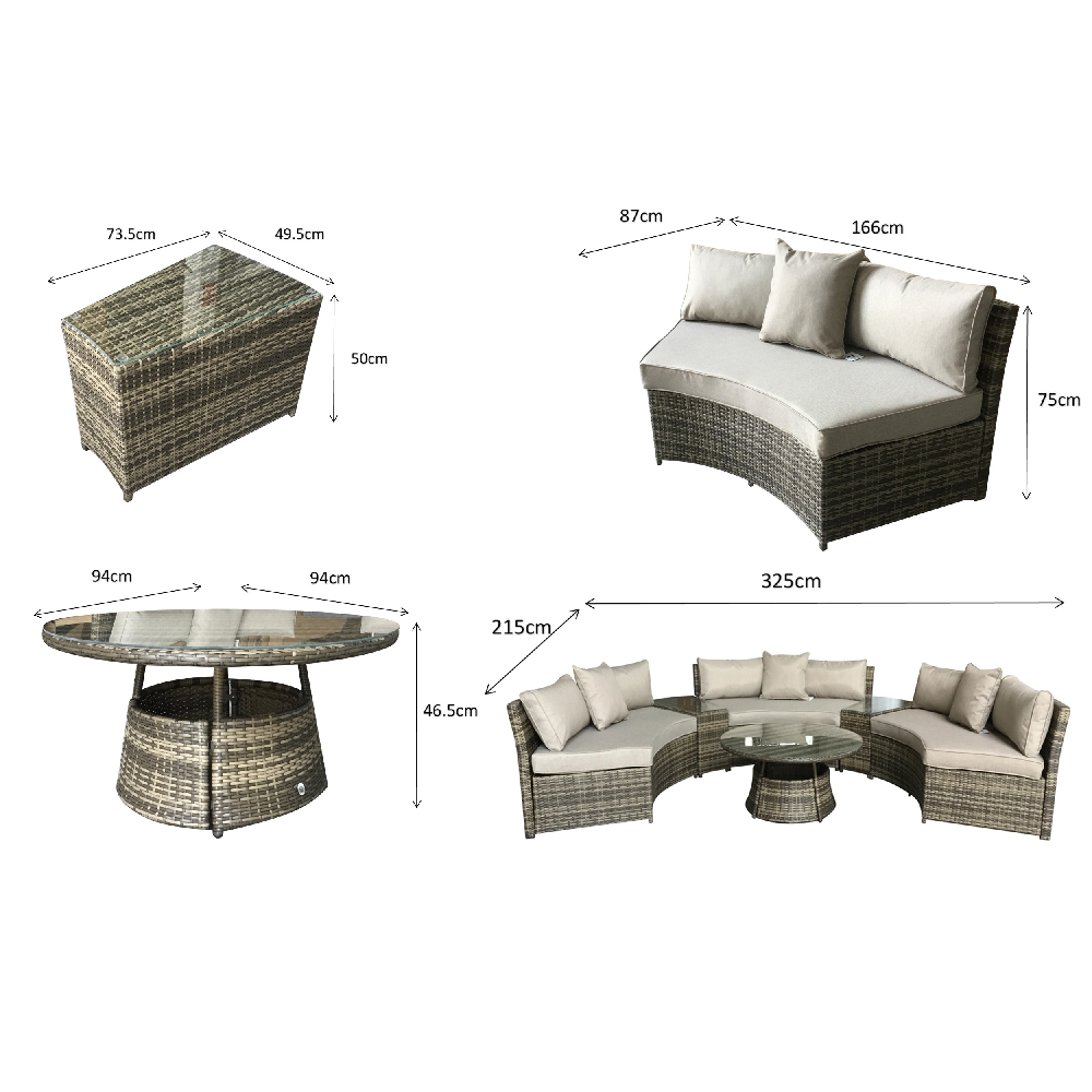 Jeren Rattan Garden Half Moon Sofa Set With Coffee Table In Grey