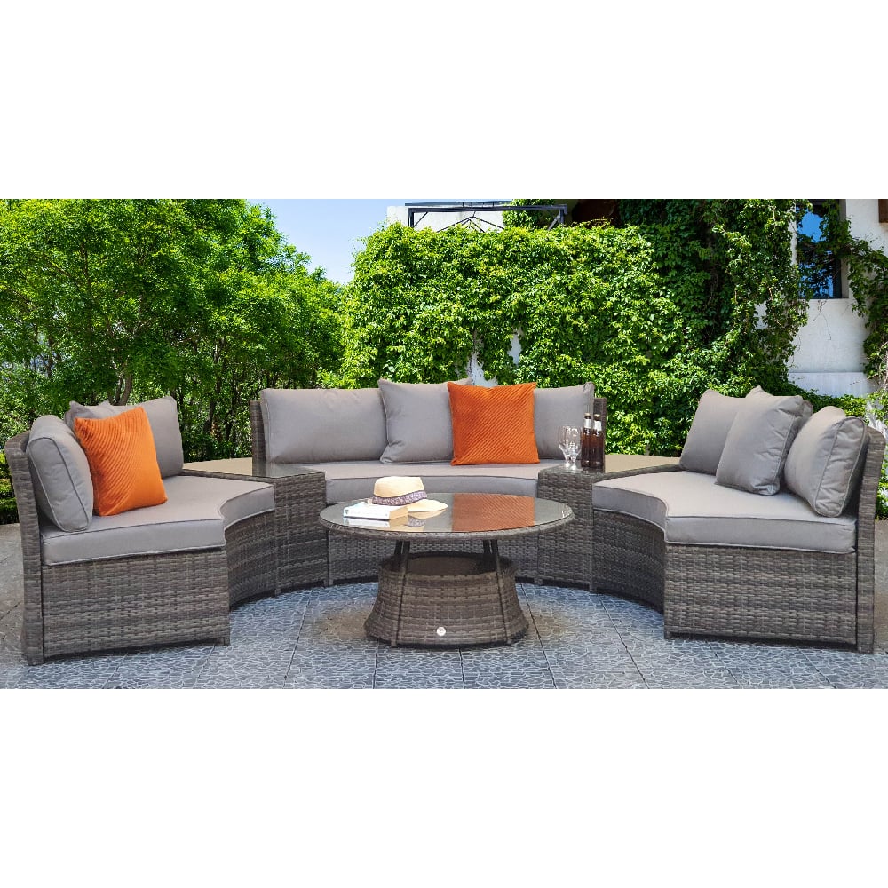 Jeren Rattan Garden Half Moon Sofa Set With Coffee Table In Grey