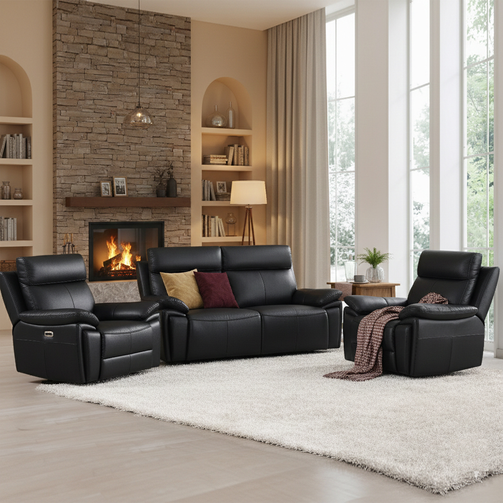 Jerion Leather Electric Recliner 3+1+1 Seater Sofa Set in Black