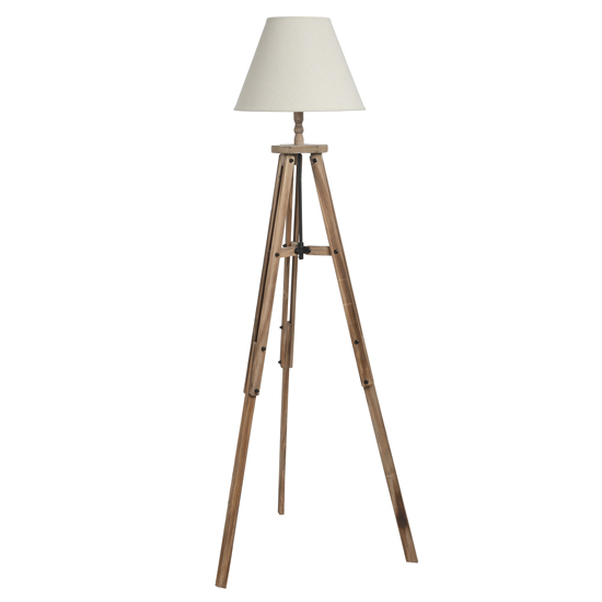 Jerkins Wooden Tripod Floor Lamp In Brown With Beige Linen Shade_3