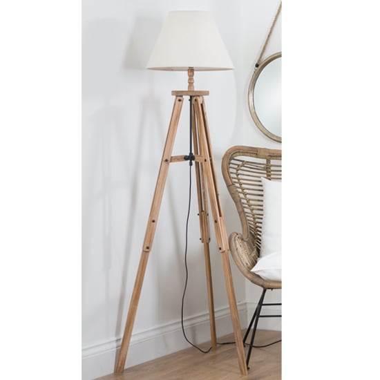 Jerkins Wooden Tripod Floor Lamp In Brown With Beige Linen Shade